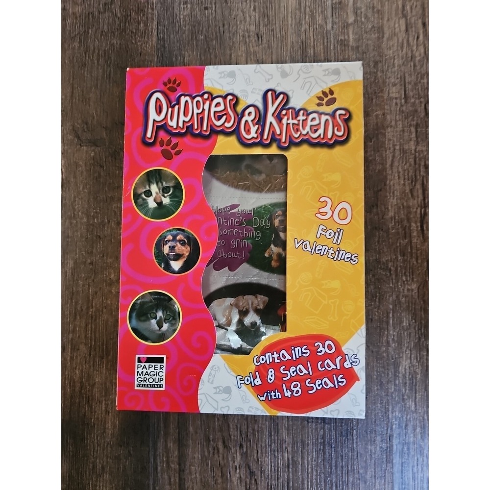 Vintage Puppies & Kittens 30 Count Foil Fold & Seal Valentine's Cards NIB‎